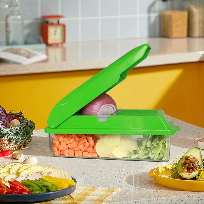 LHS Vegetable Chopper, Multifunctional Food Chopper, Pro Onion Chopper, Vegetable Slicer Dicer Cutter with 3 Blades, Veggie Chopper with Container(6-in-1,Green)