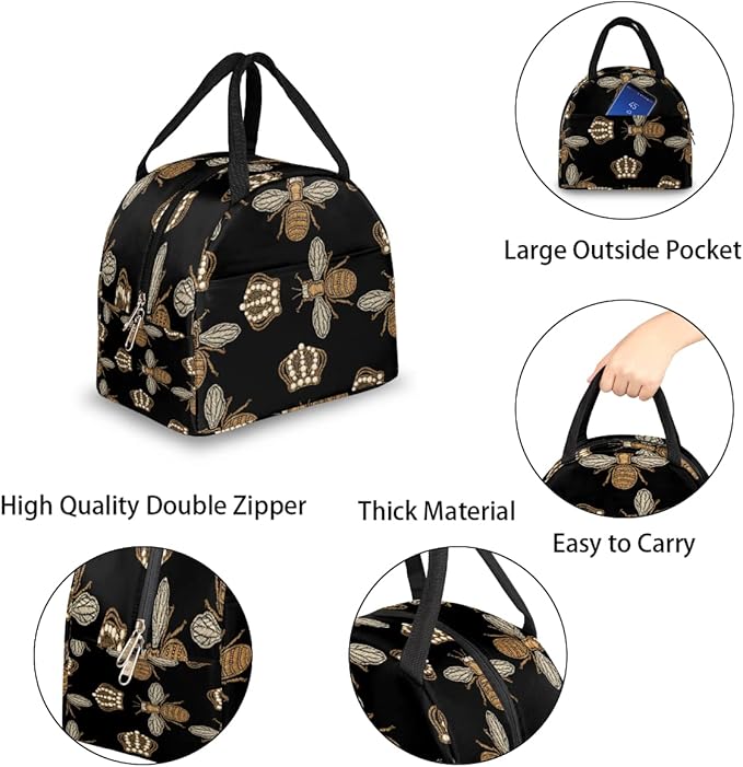 Insulated Lunch Bag for Women Men Golden Bee Waterproof Thermal Tote Bag Reusable Lunch Box Container Lunch Holder Leakproof Lunch Cooler Bag Picnic Travel Work