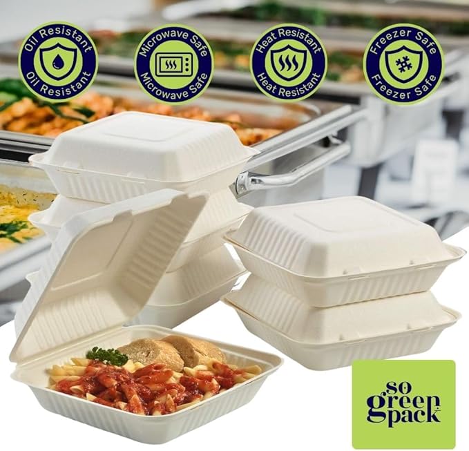 100 Packs Disposable 9x9 Clamshell Take-Out Container Compostable Biodegradable Bagasse & Eco-friendly To Go Container for Food