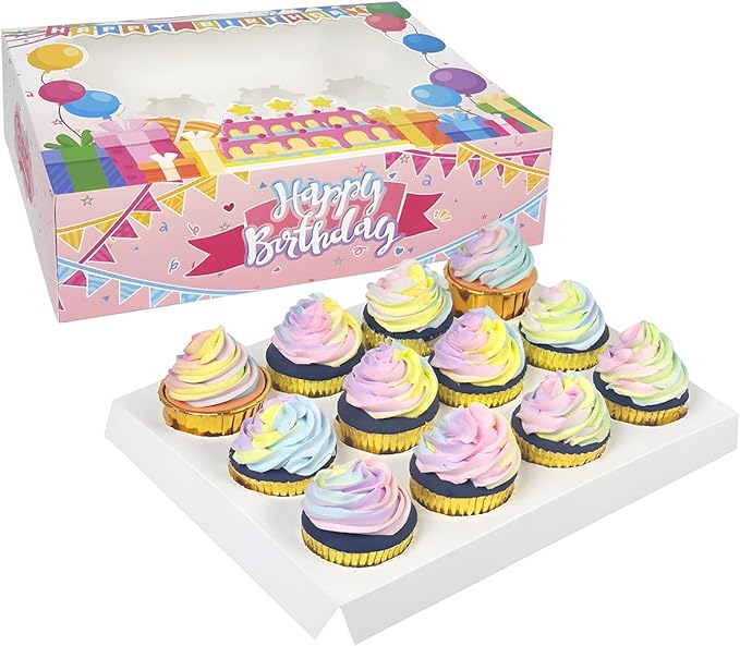 qiqee Birthday 16 Packs 12 Cupcake Boxes with Window, 13"x10"x3.5" Bakery Boxes for Cupcakes, 12 Cupcake Carriers