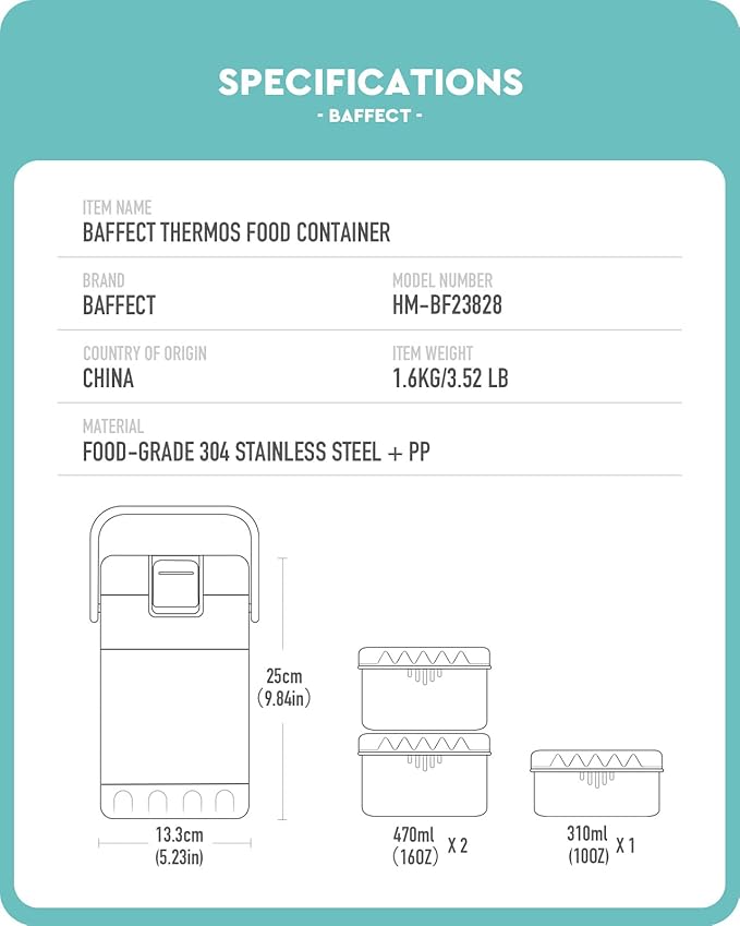Baffect 67oz Thermos for Hot Food container 6 Hours, 3-Layer Stackable Food Thermal, Stainless Steel Vacuum Soup Insulated Food Jar, Leak-Proof Lunch Box for Office, School and Outdoor Picnic