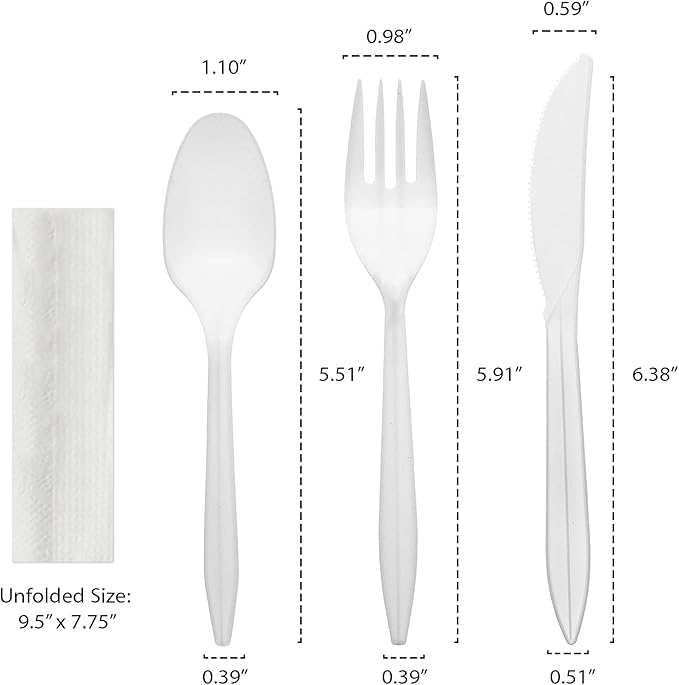 Party Essentials Individually Wrapped Plastic Cutlery Packets/Silverware Kits, White Fork/Spoon/Knife/Napkin, 50 Sets