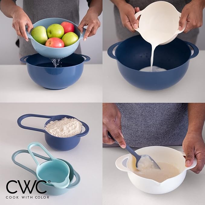 COOK WITH COLOR 8Pc Nesting Bowl Set, Teal - Includes 2 Mixing Bowls, Colander, Sifter, 4 Measuring Cups, Polypropylene, Dishwasher Safe, BPA Free