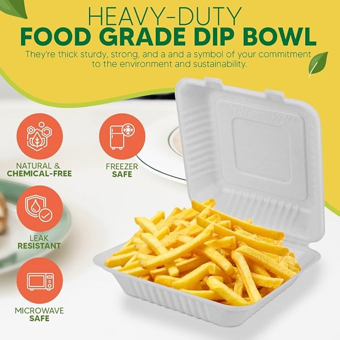 Compostable Clamshell Food Box with Lid (8x8 inch) 150-Pack | Disposable Plates | Made of Biodegradable Sugarcane Bagasse | Heavy-Duty Eco-Friendly Takeout Containers | Natural White