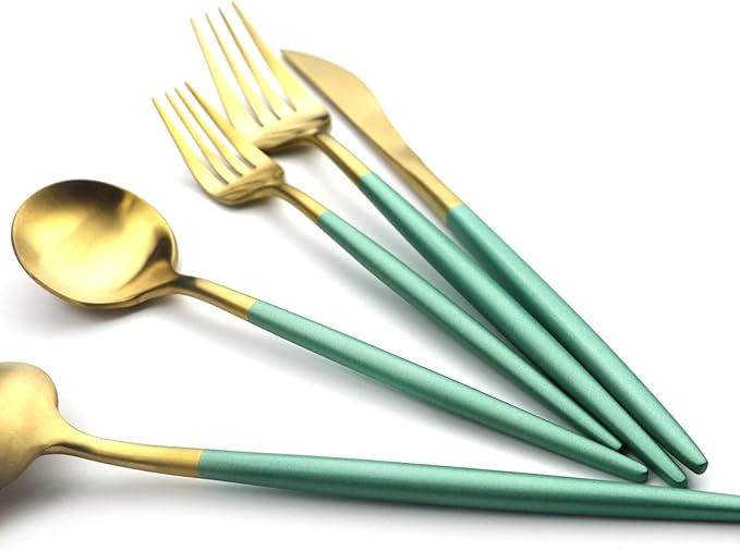 Green Gold Flatware, Royal 20 Pieces Matte White Handle 18/10 Stainless Steel Tableware Sets for 4 Including Forks Spoons Knives, Camping Silverware Travel Utensils Set Cutlery (Green Gold)