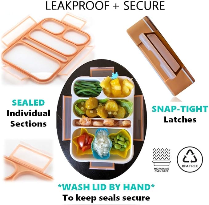 Kinsho Bento Box for Adults and Kids, Leakproof Lunch-Boxes with Custom Fit Spoon and Fork, Portion Control Container, BPA Free, Green + Orange, 5 Compartments, 2 Pack