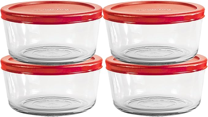 Anchor Hocking SnugFitTM Round Food Storage Containers with Lids (4-Piece, 7-cup, Red, oven-safe)