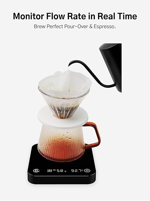 Digital Coffee Scale with Timer and Flow Rate Tracking, 0.1g Precision, 3kg Capacity, Rechargeable, Smart App Compatible, Ideal for Espresso and Pour Over Brewing
