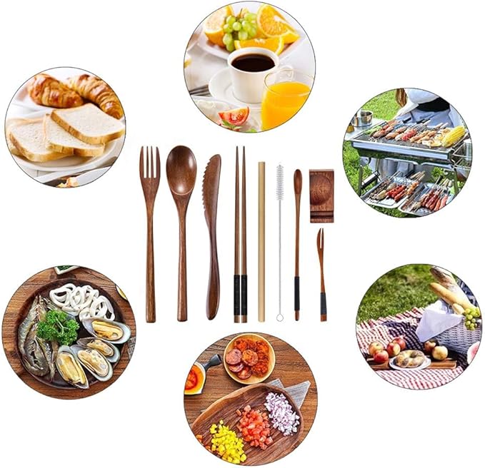 Wooden Utensil Flatware Set Reusable Utensils Travel Cutlery Set for Eating with Case, 10 Pcs Wooden Spoon and Fork Set Bamboo Flatware Set