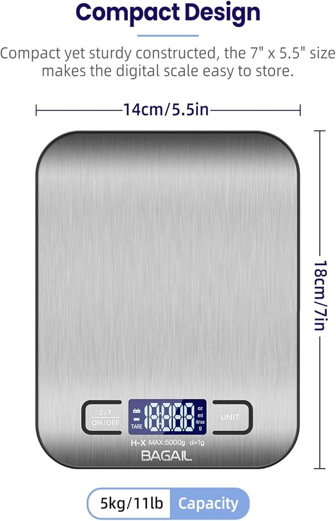 BAGAIL BASICS Digital Kitchen Scale, Premium Stainless Steel Food Scales Weight Grams and Oz for Baking and Cooking, 11lb/5kg with 0.1oz/1g Precision