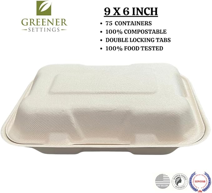 Compostable Clamshell Food Containers 9x6 Inch, 75-Pack, Heavy-Duty Bagasse Takeout Boxes, Microwave & Freezer Safe, Grease-Resistant, Leak-Proof – Compatible with Food Trucks, Catering, Events