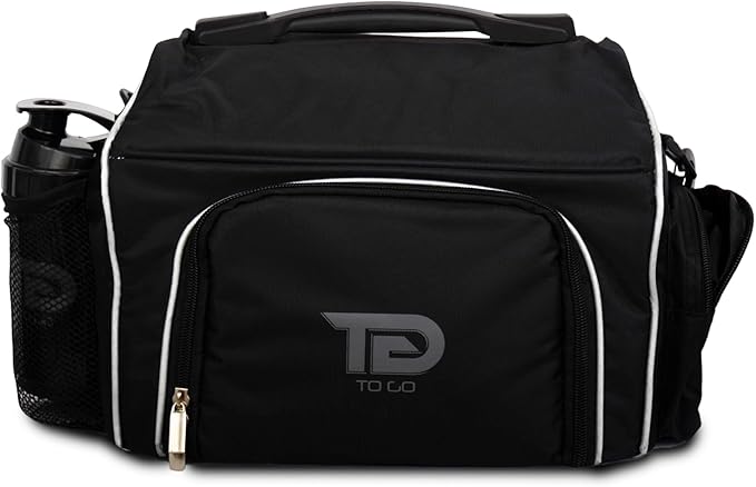 Meal Prep Bag Insulated Lunch Meals Bag W/6 Portion Control Containers,2 ICE PACKS, Shaker, Pill Box,With an Adjustable shoulder. bag for meals (Black)