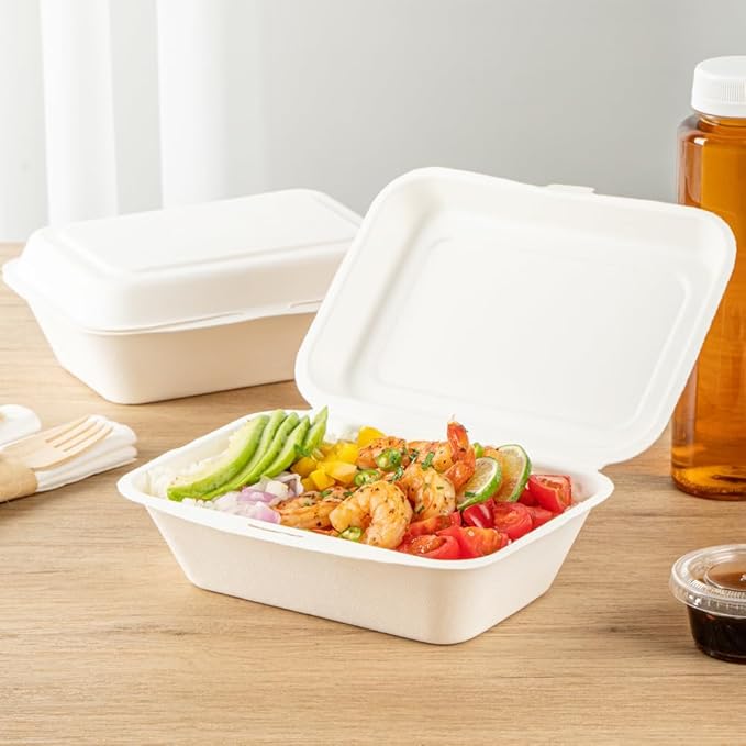 Restaurantware Pulp Safe No PFAS Added 20 Ounce Clamshell Boxes 100 Disposable Containers - Home Compostable Microwavable And Freezable White Bagasse Containers Built-In Hinged Lid