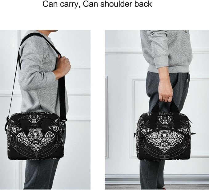 MNSRUU Insulated Lunch Bag - Black Skull Moth Lunch Box with Adjustable Shoulder Strap - Reusable, Leakproof Cooler Bag for Work, School