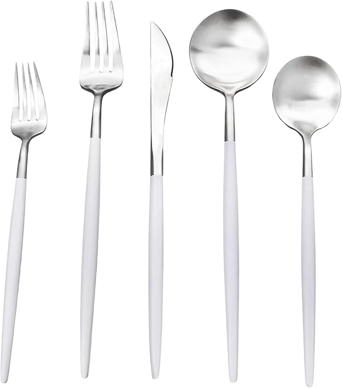 White Silver Flatware, Royal 20-Piece Matte White Handle 18/10 Stainless Steel Tableware Sets for 4 Including Forks Spoons Knives, Camping Silverware Travel Utensils Set Cutlery (White Silver)