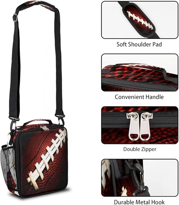 American Football Kids Lunch Box Football Sport Insulated Lunch Bag Tote for Girls Boys Cooler Freezable Meal Prep Bag with Shoulder Strap Waterproof Lunch Container for School Office Picnic