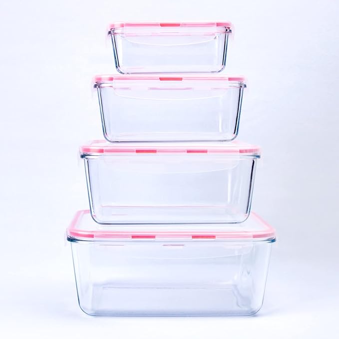 Extra Large Glass Food Storage Containers with Lids, Set-8-Piece Lunch Containers, Ideal for Storing Food, Vegetables, Fruits, Baking Cake & lot of other Tasty Food (Rectangular)