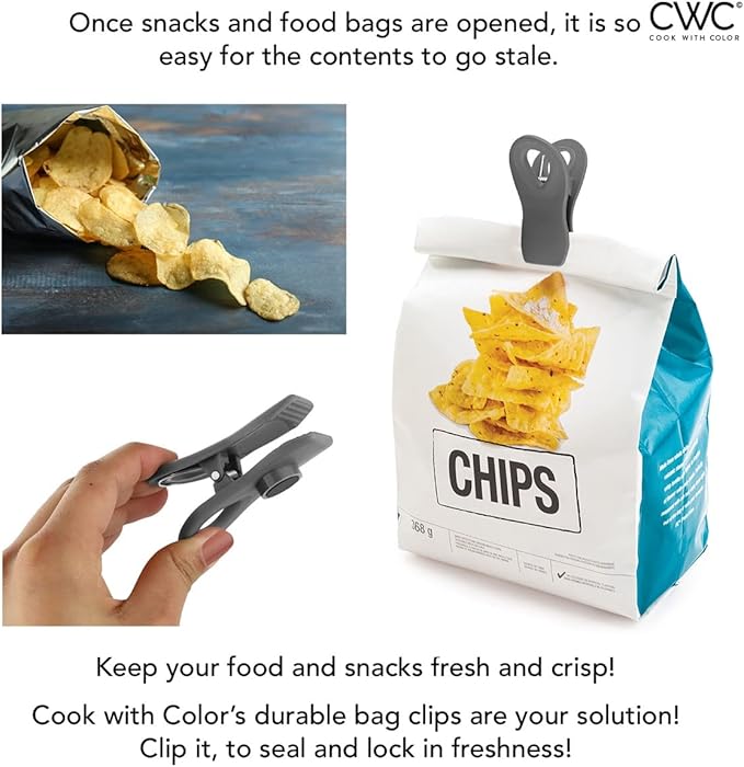 COOK WITH COLOR Bag Clips with Magnet - Chip Clips, Food Storage with Airtight Seal Grip for Bread, Snack and Food Bags (Grey Ombre, Pack of 10)