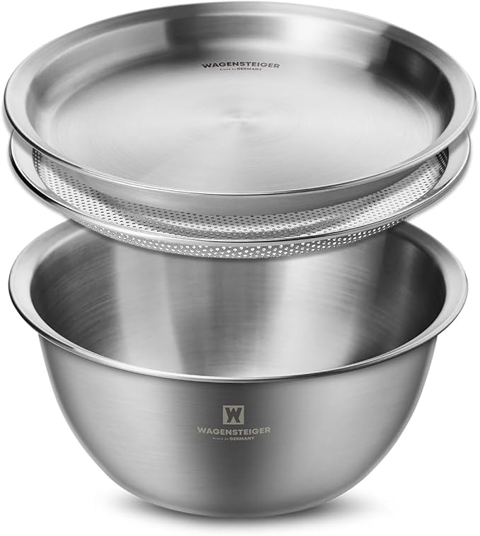 Stainless Steel Mixing Bowl Set (3-Piece) – Multifunctional Food Prep & Baking Tools with Strainer and Serving Tray, Oil Drain Tray, Nesting Storage, Easy Measurement Marks (9.45 Inch)