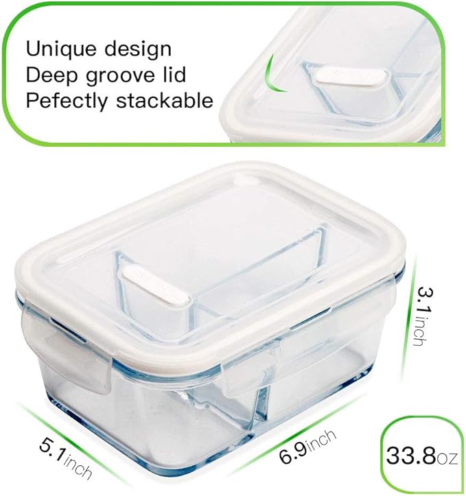 DAS TRUST 3 Pack 36oz Bento Box Glass Meal Prep Containers with 3 Compartments, Glass Food Storage Containers with Lids, Meal Prep Bowls, Lunch Box, Oven & Microwave Safe
