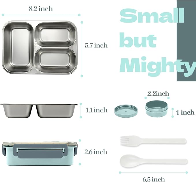 Stainless Steel Bento Lunch Food Box Container, Metal Bento Lunch Box Container for Kids or Adults with Lockable Clips to Leak Proof (Green)