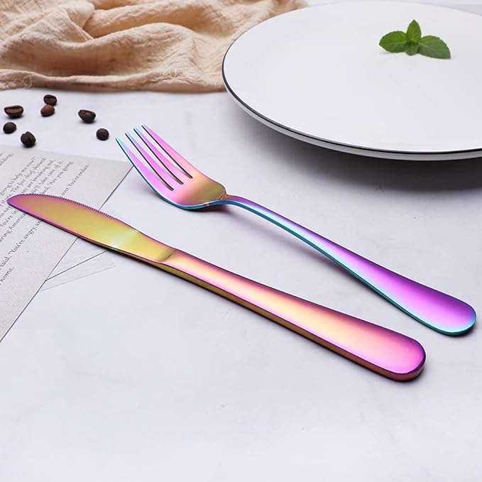 Portable Stainless Steel Flatware Set, Travel Camping Cutlery Set, Portable Utensil Travel Silverware Dinnerware Set with a Waterproof Case (Rainbow)