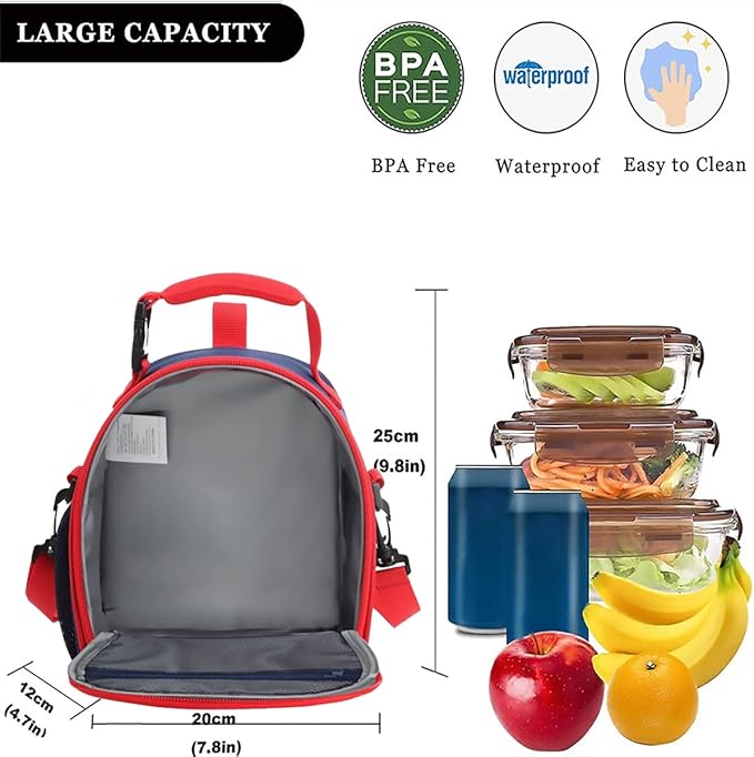 Boys Insulated Lunch Box, Baseball Theme, Polyester Material, 7.5in x 4.3in x 9.8in