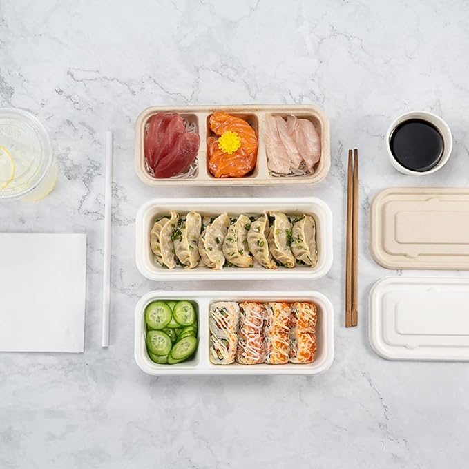 Restaurantware Pulp Tek 9.2 x 3.8 x 1.8 Inch Takeaway Food Boxes 100 Disposable Take Out Containers - Lids Sold Separately Freezable White Bagasse Catering Food Containers Microwavable