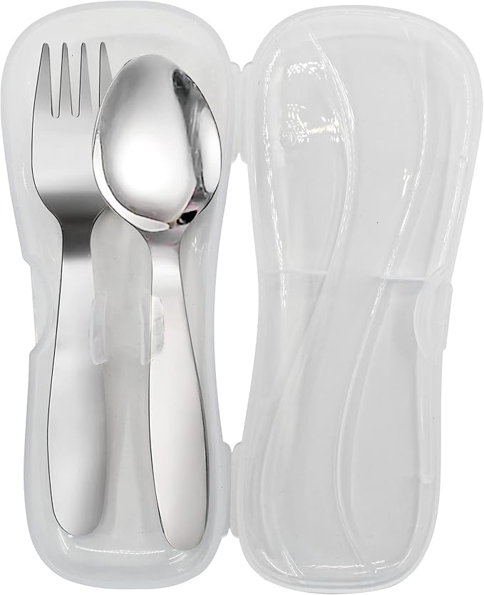 VANRA 2 Pieces Children Fork Spoon Set with Travel Case for Lunch Box, 18/8 Stainless Steel Kids Silverware Flatware Set Kids Utensil Set for School, 5.9in (Fork Spoon)