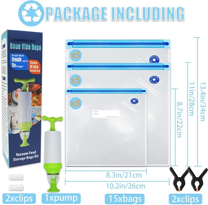 Sous Vide Bags 20pack Kit,Daarcin 3 Sizes Sous Vide Bag Kit with Pump-15 BPA Free Reusable Vacuum Sealer Bags-1 Hand Pump-2 Zipper Clips-2 Clamps for Food Storage and Sous Vide Cooking