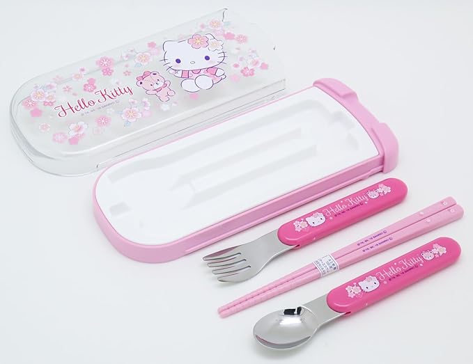 OSK CT-20 Hello Kitty Cutlery Set, Sakura, Pull, Trio, Chopsticks, Spoon, Fork, Made in Japan, Sliding, Dishwasher Safe, Easy to Use, For Girls, Children, Elementary School Students