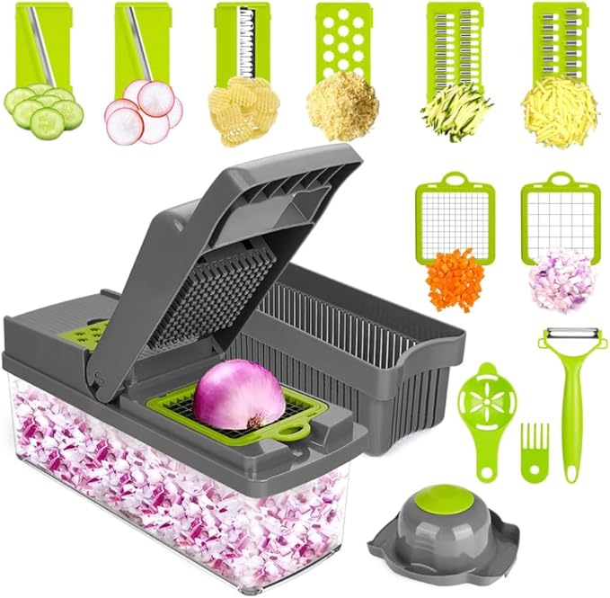 Vegetable Chopper, Food Chopper & Spiralizer, 15-in-1, 8 Stainless Steel Blades, Black
