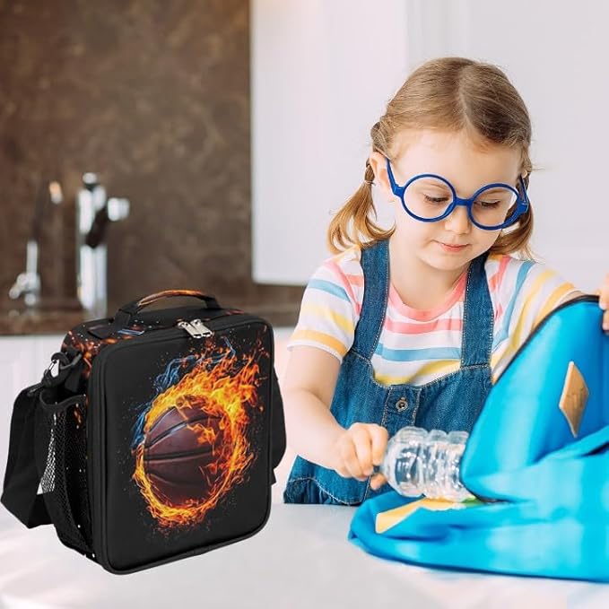 Lunch Box for Kids Boys Girls Sports Basketball Fire Kids Lunch Bag Insulated Lunch Bag Tote with Adjustable Shoulder Strap Teens Lunchbox Cooler School Picnic