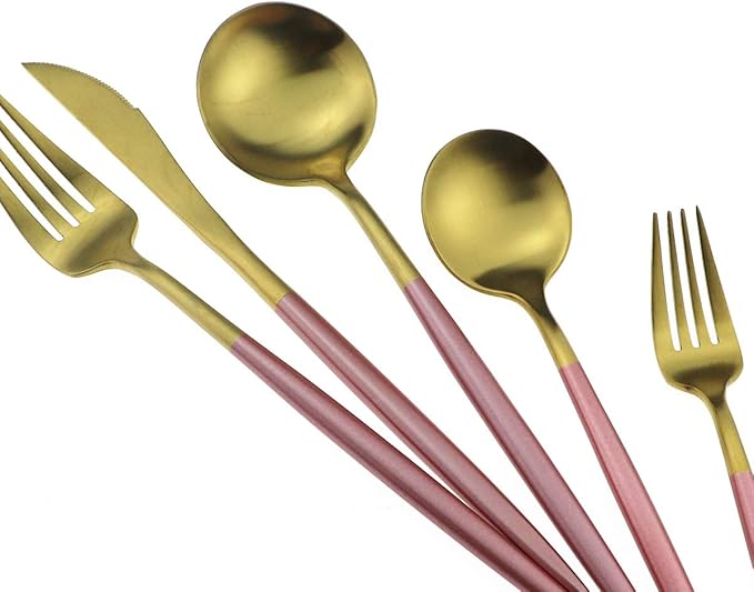 Gugrida Pink Gold Flatware, Royal 5 Piece Matte Pink Handle 18/10 Stainless Steel Tableware Sets for 1 Including Forks Spoons Knives, Camping Silverware Travel Utensils Set Cutlery (Pink Gold)