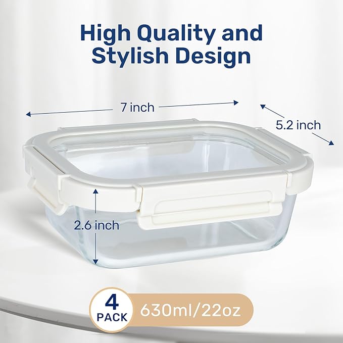 YSSOA Food Meal Prep Containers with Exclusive Glass Lids, Glass Storage Containers with Lids, BPA-Free, Glass Lunch Boxes for Lunch, Pantry Organizers and Storage, Freezer to Oven Safe, 4 Pack