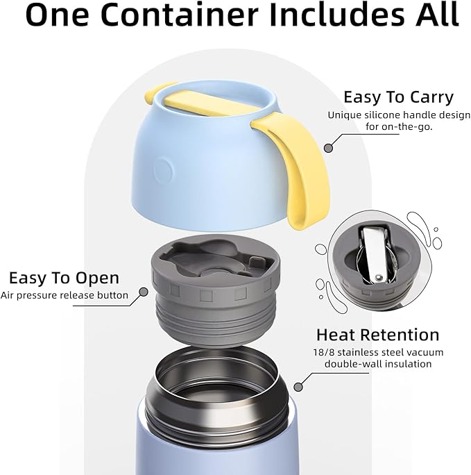 Thermo for Hot Food for Adults Kids | Wide Mouth, 18 oz Insulated Food Jar with Spoon, Leakproof Soup Thermo for School Office Travel, Thermal Steel Lunch Container Easy to Carry (Light Blue)
