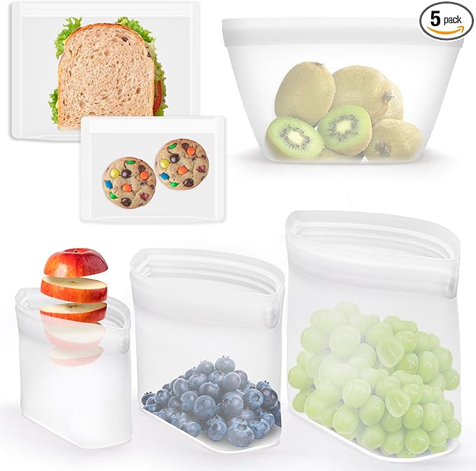Reusable Silicone Food Storage Bags - 100% Food Grade BPA-Free, Freezer/Microwave/Dishwasher Safe | Stand-Up Zip Closure, Leakproof Eco-Friendly Meal Prep Containers (3 Pack Stand-up & 2 Pack Flat)