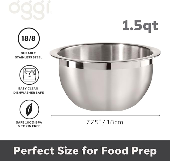 Oggi 1.5-Quart Two-Tone Stainless Steel Mixing Bowl, Great for Mixing, Making Dough, Dressing Salads, Mixing Eggs, Washing Vegetables