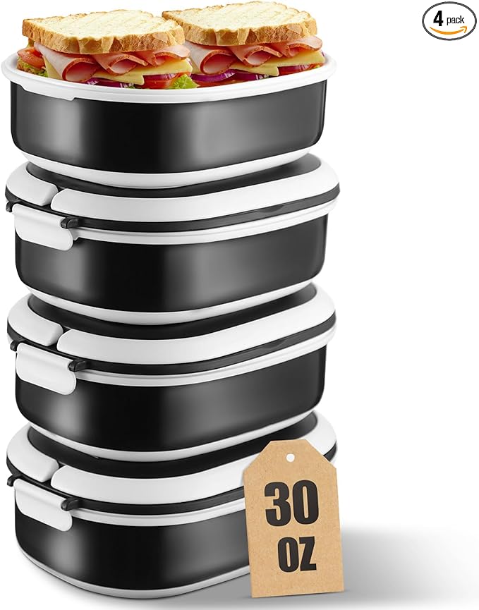 4 Pack Airtight Food Storage Containers,Reusable Kitchen Sandwich Containers with Lids Set for Meal Prep, Lunch,Salad,Snack, Microwave Safe, BPA-Free and Leak-Proof,30oz. Each