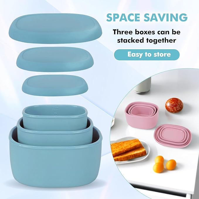 Anatole Silicone Food Storage Lunch Bento Box Set of 3 Reusable Nesting Containers with Lids BPA Free Dishwasher Microwave Oven Freezer Safe Leakproof (6.7oz, 10oz, 20oz) Blue