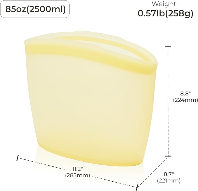 Platinum Silicone Food Grade Reusable Storage Bag, 10.6Cup Leak-Proof Airtight Seal, BPA-Free, Microwave, Freezer & Dishwasher Safe, Heat Resistant Sous Vide,Silicone Snack Bags, Yellow