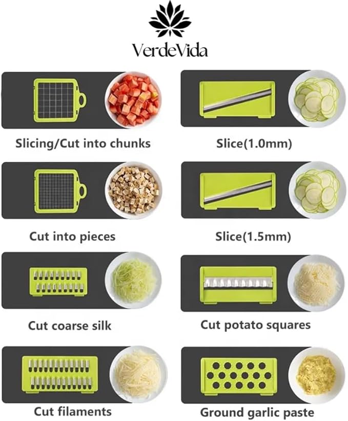 Vegetable Chopper, Food Chopper & Spiralizer, 15-in-1, 8 Stainless Steel Blades, Black