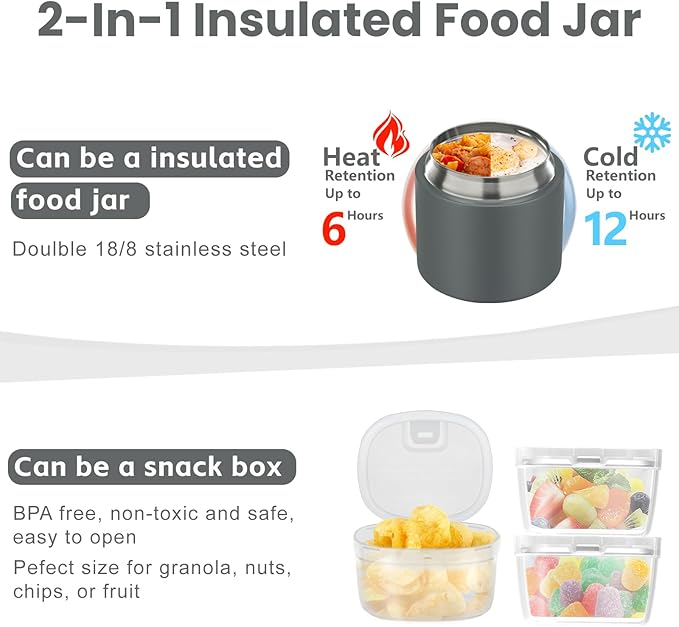 2-In-1 Soup Thermo for Hot Food Kids, 15 Oz Insulated Food Container and a Snack Box, Wide Mouth, Leak Proof, Stainless Steel Spoon, Dishwasher Safe Food Thermo Set for School, Work, Travel, Gray