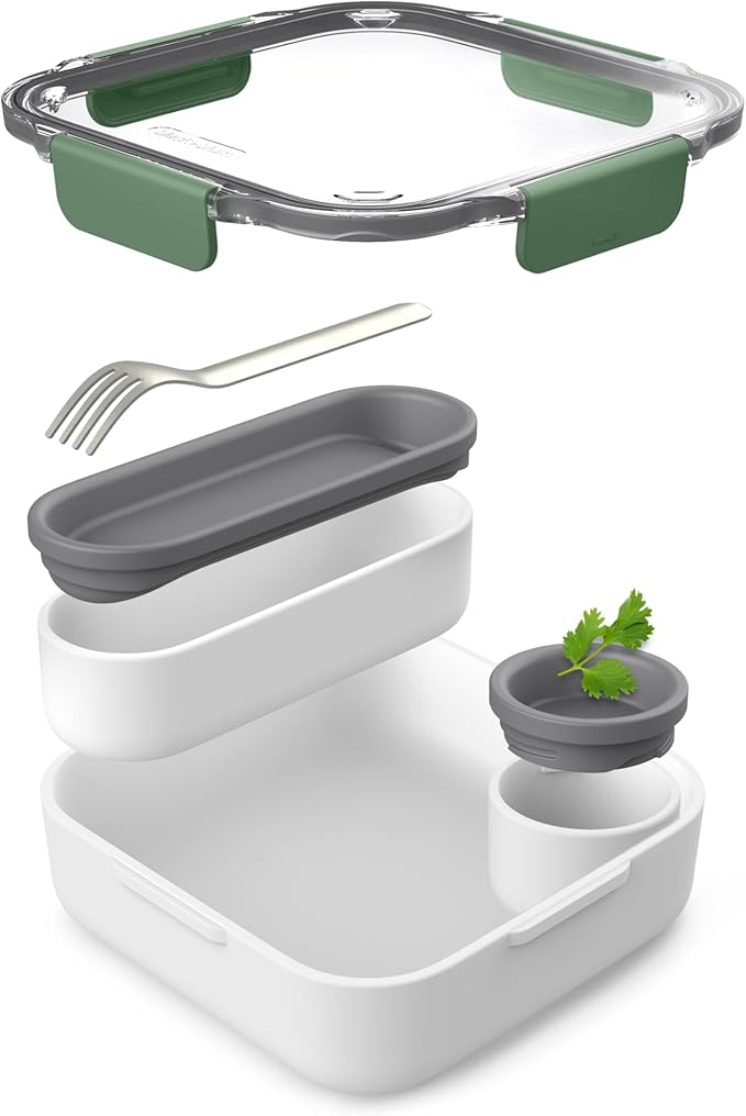 BLACK + BLUM Bento Box Style Compartment Food Container | Packed Lunch Box with Stainless-Steel Travel Fork, Plastic Free Leak-Proof, Microwave Safe | Olive, 34 oz / 1000 ml