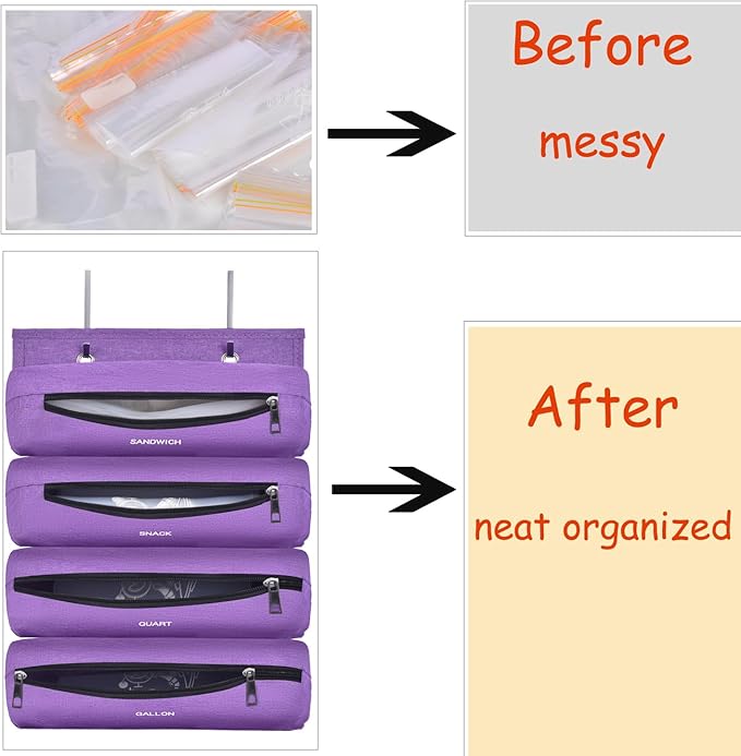 Zipper Bag Organizer Compatible with Gallon, Quart, Sandwich & Snack Food Storage Bag, Kitchen Plastic Bag Storage Organizer for Kitchen RV Camper (Purple)