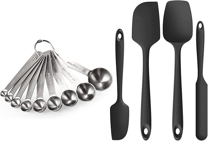 U-Taste 18/8 Stainless Steel Measuring Spoons Set for Dry and Liquid Ingredients, and Upgraded 600ºF High Resistant Flexible and Sturdy Silicone Spatula Set of 4 (Black)