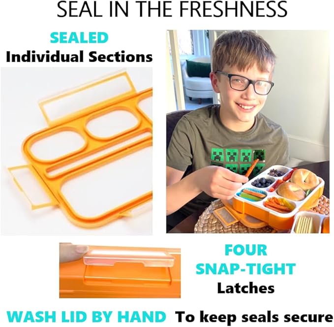 Bento Lunch Box for Kids, Boys, Girls, Adults, 6 Compartment Lunch-Boxes, Leakproof School Snack or Meal Portion Container, Utensils, BPA-Free, Orange