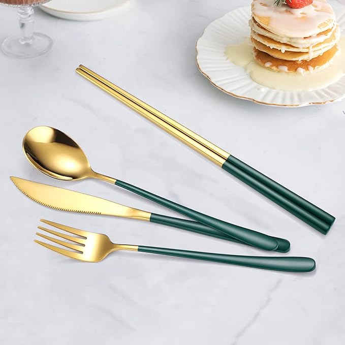 AARAINBOW 6 Pieces 18/8 Stainless Steel Flatware Set Portable Reusable Cutlery Set Travel Utensils Set Including Chopsticks Knife Fork Spoon Straws Cleaning Brush Dishwasher Safe (Green golden)
