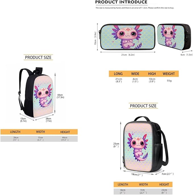 Dolyues Scale Axolotl 17-Inch Girls' 3-Piece Backpack Set - Waterproof School Bag with Lunch Box and Pencil Case - Perfect Travel Gift for School
