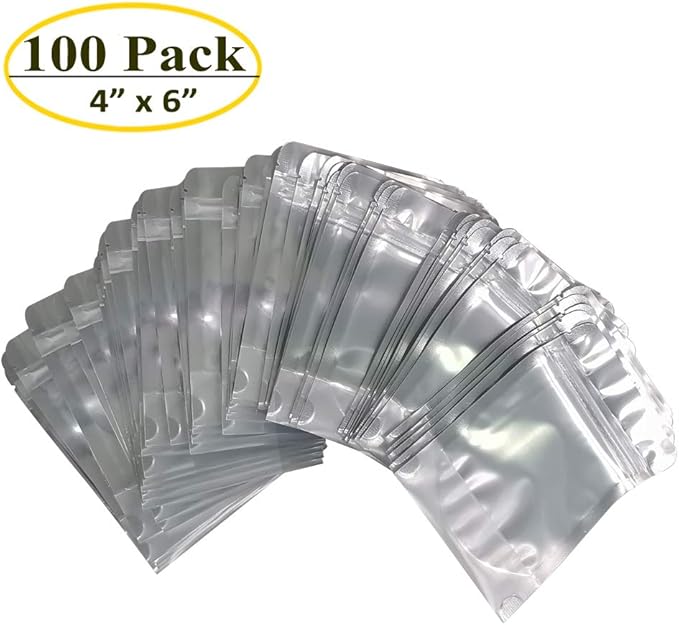 100 PACK 4 x 6 Inch Zipper Mylar Bags Stand Up Mylar Zip Lock Bags Clear Silver Bag Reusable Food Storage Aluminum Foil Pouch Bag for Multipurpose with Gusset Bottom(5.5mil Thickness)